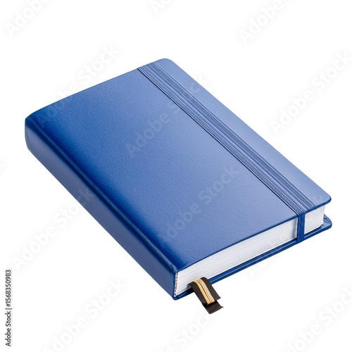 A sleek blue hardbound notebook with an elastic band and bookmark, Ideal for depicting concepts of journaling isolated on transparency PNG background, writing, organization, and professionalism