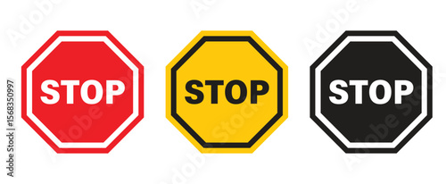 Set of warning and stop signs including hand, exclamation mark, and no entry symbols. Ideal for road safety, caution, and traffic-related design or illustration. Stop, ban, icons, symbol, vector..