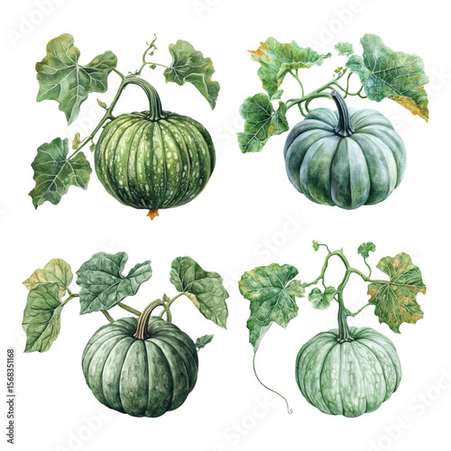 set of pumpkin watercolor botany