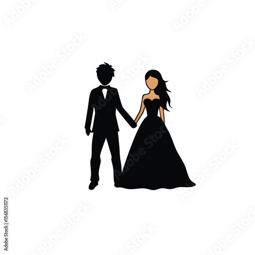 Elegant Wedding Silhouette Illustration of a Newly Married Couple Holding Hands with Love and Joy
