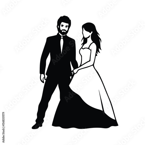 Elegant Wedding Silhouette Bride and Groom Posing Together Stylishly Attired for Their Special Day Joining Hands and Wearing Formal Attire
