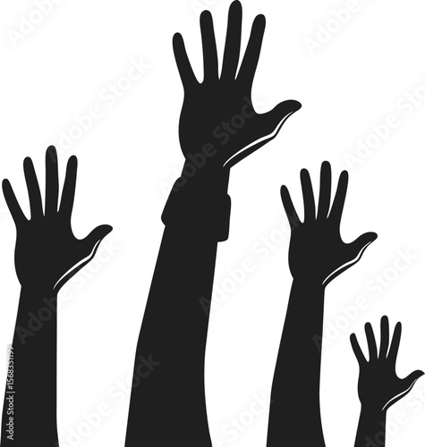 Vector art of several raised hands in silhouette isolated on white background