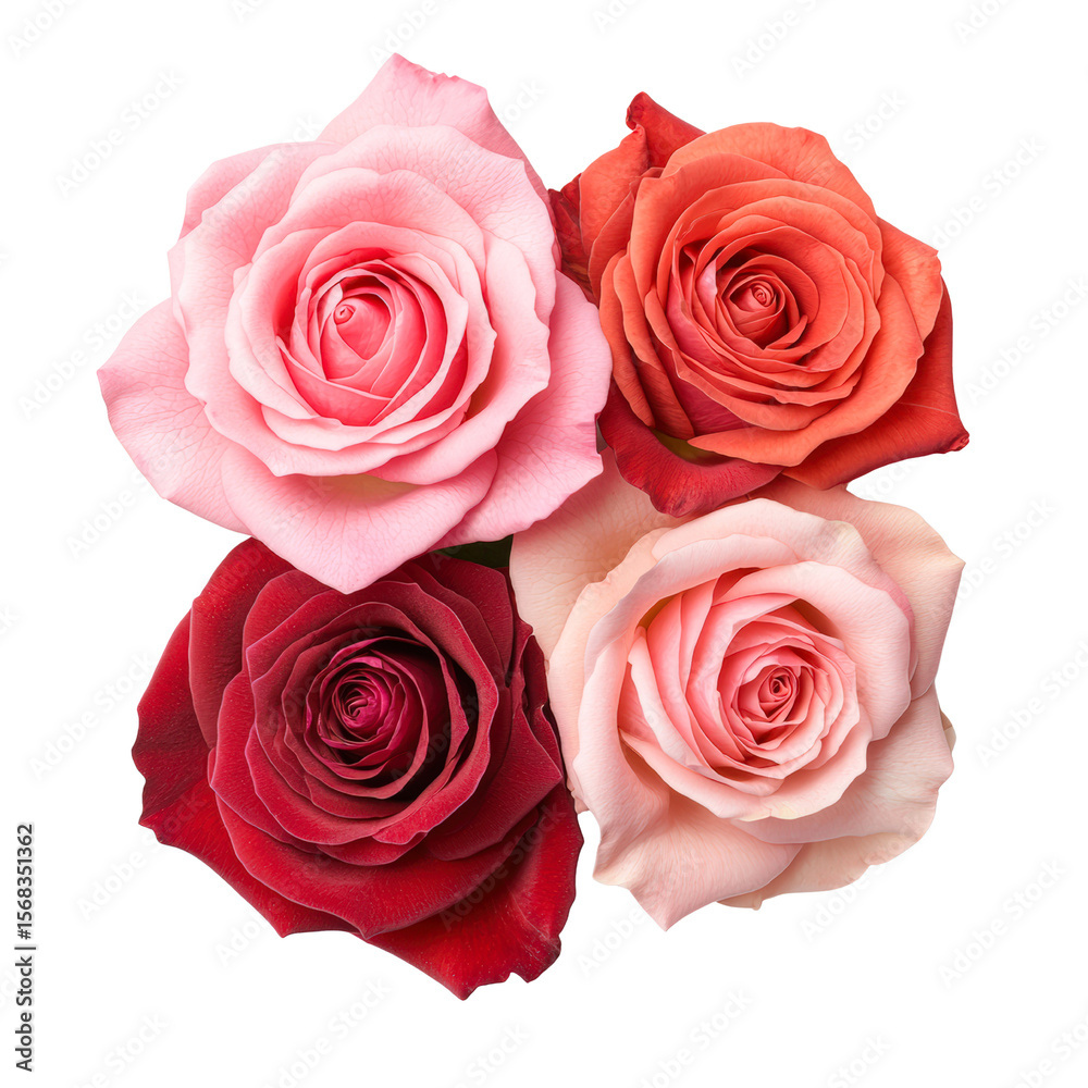 Obraz premium Four vibrant roses in varying shades of pink and red symbolize love and passion, Ideal for romantic isolated on transparency PNG background, floral-themed designs, invitations, or decor