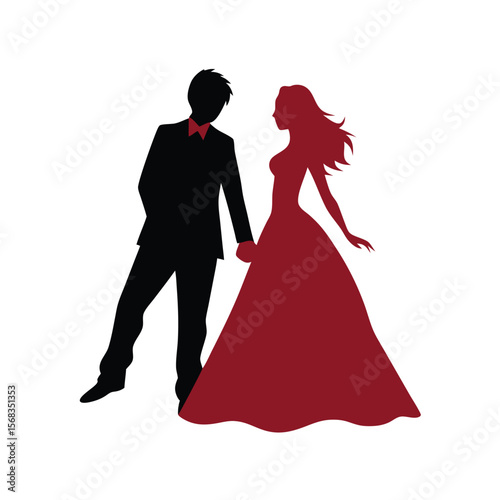 Elegant Silhouette of a Couple Holding Hands Wedding Celebration Featuring Bride in Red Dress and Groom in Black Suit