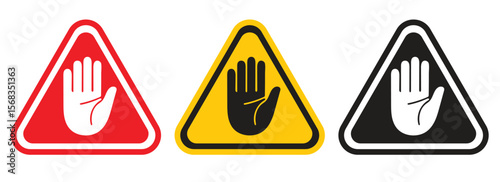 Set of warning and stop signs including hand, exclamation mark, and no entry symbols. Ideal for road safety, caution, and traffic-related design or illustration. Stop, ban, icons, symbol, vector..