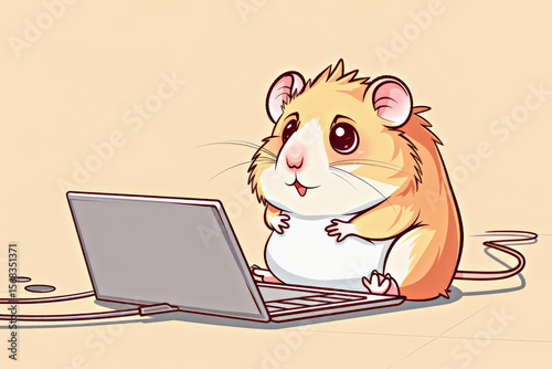 Cute hamster sitting in front of laptop with curious expression. Adorable small pet engaging with technology, symbolizing creativity, digital world and fun animal intelligence