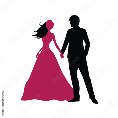 Silhouette of a Bride and Groom Holding Hands The Bride is Wearing a Gown in a Unique Magenta Color