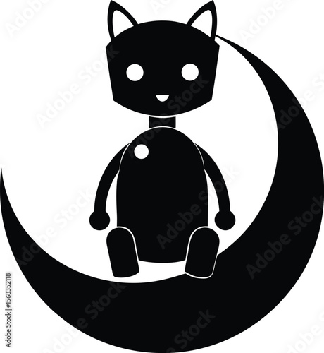 Adorable Robotic Cat on Crescent Moon Nighttime Dreams and Futuristic Cuteness