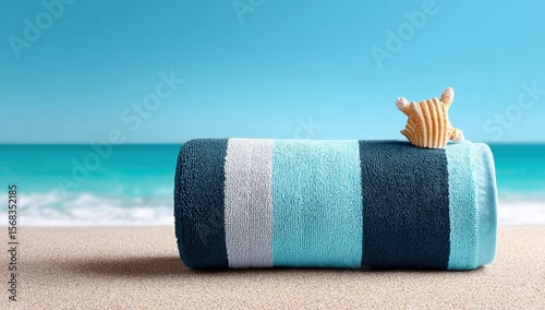 Beach Towel and Seashell on Sandy Beach