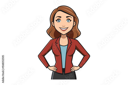 Confident Woman Standing: A professional woman confidently stands, her hands on her hips. She exudes assurance and readiness to take on any challenge, reflecting a dynamic.