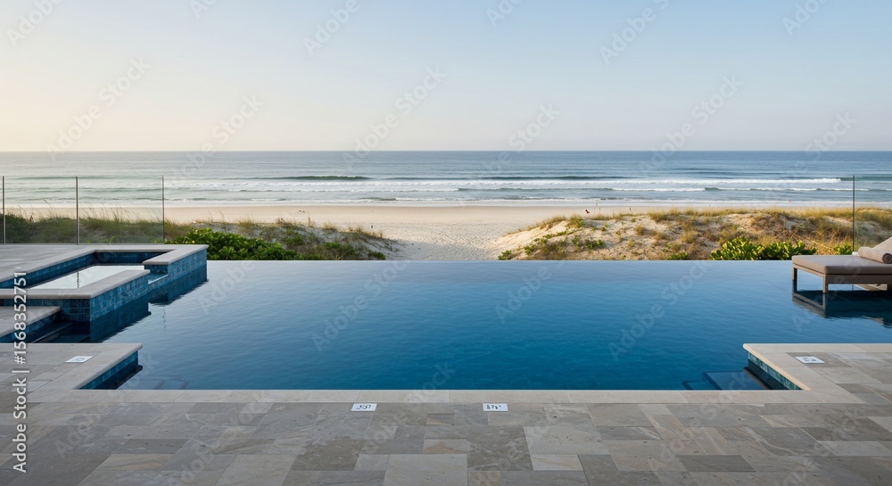 Fototapeta premium Serene Oceanfront Infinity Pool with Spa and Lounge Chair