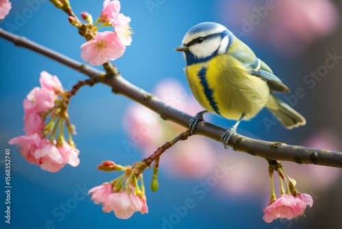 Eurasian blue tit perched on a branch of a blossoming cherry tree against a blurred blue background