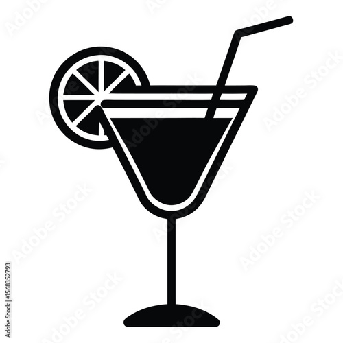Elegant Cocktail Silhouette Featuring a Martini Glass, Citrus Slice, and Straw Depicting Refreshment and Celebratory Moments