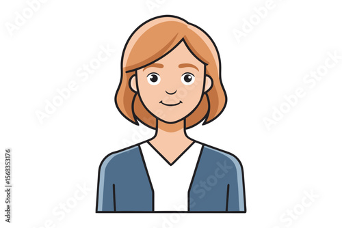 Cartoon of a Woman: A cute female character is depicted in a clean, minimal flat style. The lady appears friendly with warm, inviting eyes and a gentle expression. 