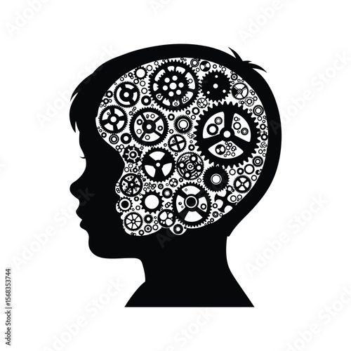 Childs Head Silhouette Filled with Interlocking Gears Creativity Innovation and Intelligence Concept