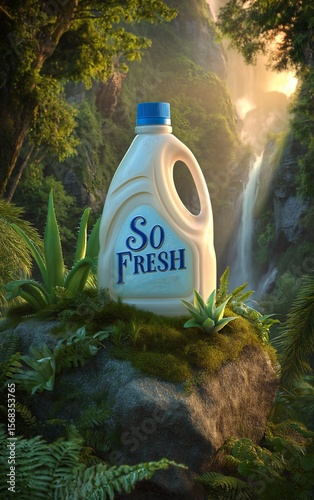 Such a fresh bottle in the lush jungle, advertising concept