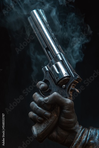 Smoky revolver in cowboy's hand on dark background