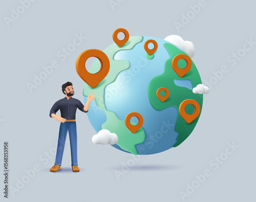 Global business expansion 3D render. Worldwide delivery. Open company branches, franchise in new location to cover all continent, growing business worldwide concept, businessman CEO put new branch pin