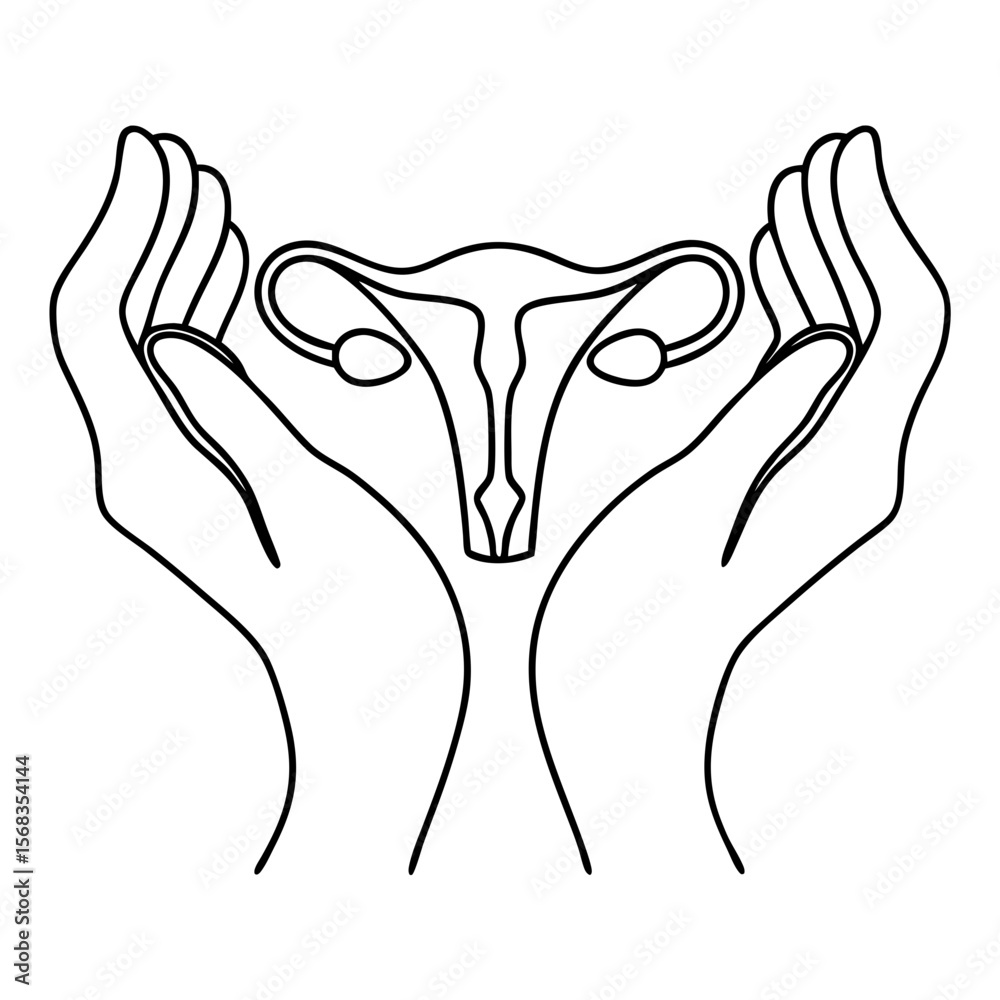 Obraz premium Hands Cradling Uterus Symbol in Minimalistic Line Art for Health Awareness, Women's Rights, Reproductive Education, Medical Illustrations, and Social Media Campaigns 