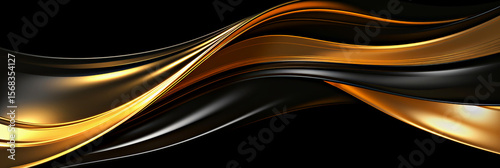 Black and gold flowing waves with smooth glossy reflections. Concept of luxury, elegance and modern design. High-contrast waves emphasizing movement and sophistication