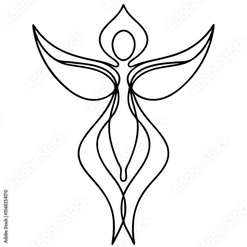Elegant goddess figure line art. Abstract female form with wings, graceful curves, and flowing lines. This simple, spiritual design is perfect for yoga studio branding, meditation app logo.