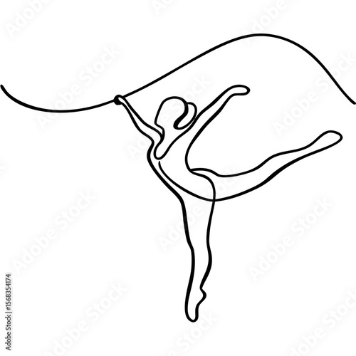 Elegant female dancer silhouette in dynamic pose, flowing lines suggesting movement and grace.  Single-line drawing of rhythmic gymnast with ribbon.  Curvy silhouette in motion.