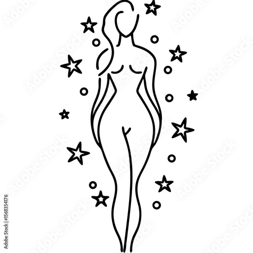 Woman body line art with stars. Elegant female figure surrounded by stars, celestial design. Simple, minimalist line drawing perfect for fashion design, astrology, or spiritual branding.