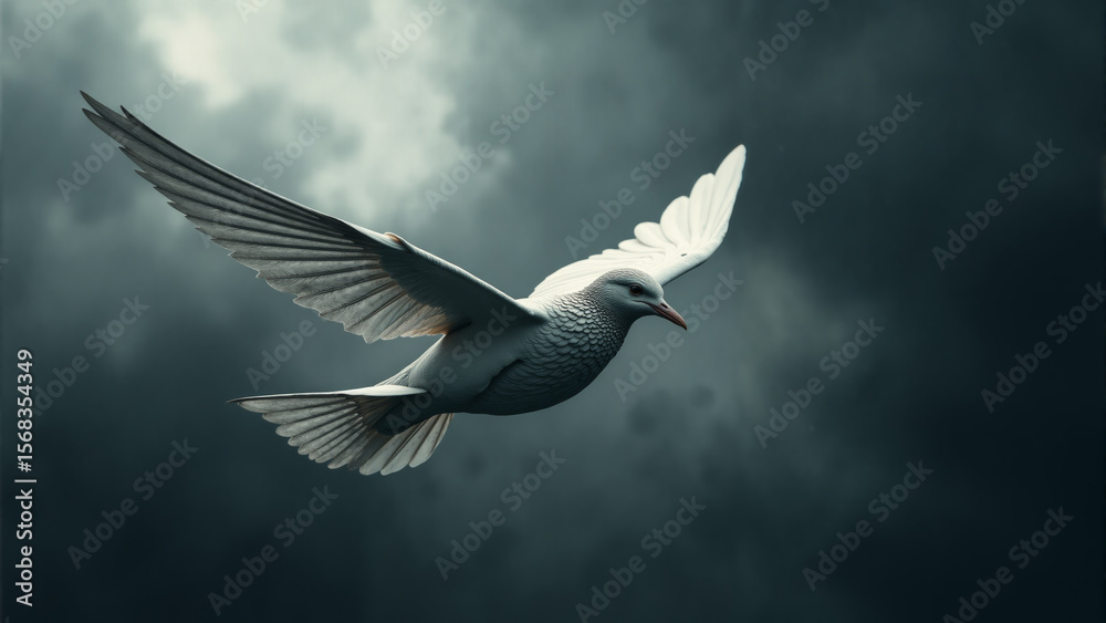 Obraz premium Majestic white bird soaring through stormy skies with clouds tumbling in the backdrop