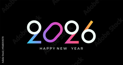 Celebrating 2026 New Year. Elegant minimalistic greeting card for happy event with isolated gradient numbers on black background. Template for poster, flyer, banner, web, calendar cover design. Vector