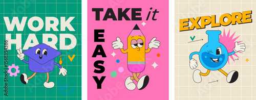School characters of funny school items with different emotions and motivational phrases.Kawaii happy characters of school supplies-pencil,flask,oxford cap.Template for design,web,poster,banner Vector