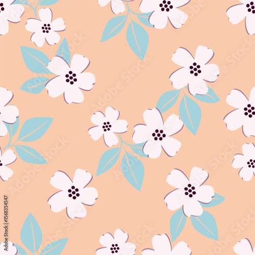 Modern and bold vector seamless pattern with large scale pink flowers on dark blue background. Hand-drawn in doodle style. Textile, background, packaging.
