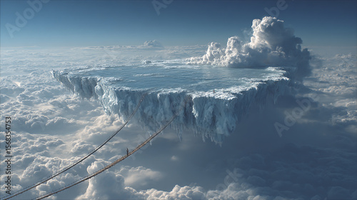 A surreal floating ice island in the sky with a cloudy backdrop and bridges