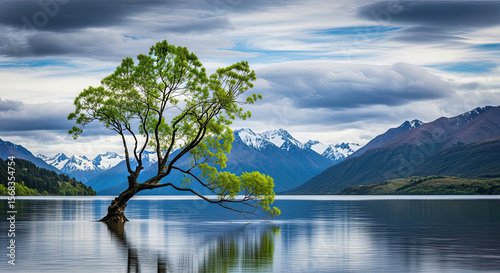 A solitary green tree stands gracefully in a clear blue lake, its reflection mirroring the clouds and distant snow covered mountains.