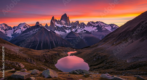 A breathtaking natural landscape features towering snowy mountains and a calm lake, perfectly reflecting the vibrant orange and pink sunset sky.