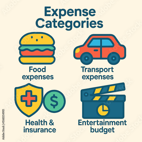 Illustration showing expense categories including food, transport, health, and entertainment.