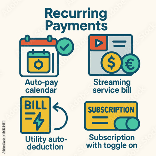 Illustration depicting recurring payments with icons for auto-pay calendar, streaming service bill, utility deduction, and subscription with toggle.