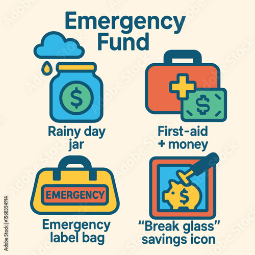Icons representing an emergency fund: a rainy day jar, first-aid kit with money, emergency bag, and break glass savings.