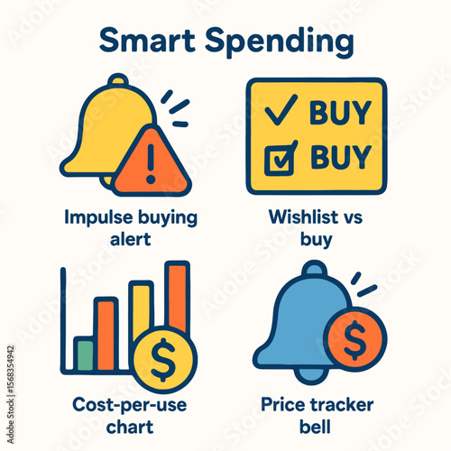 Smart spending strategies illustrated with icons: impulse buying alerts, wishlist management, cost-per-use analysis, and price tracking.