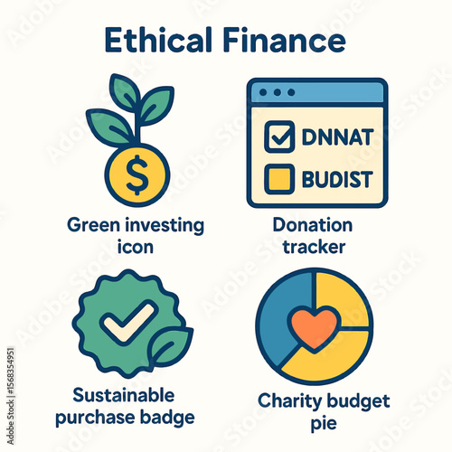 Ethical finance concepts illustrated with icons: green investing, donation tracking, sustainable purchases, and charitable budgeting.