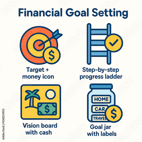 Icons illustrating financial goal setting, including a target, ladder, vision board, and jar.