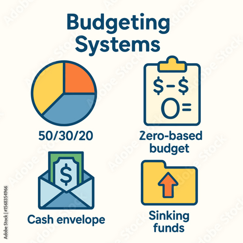 Visual representation of four different personal budgeting methods, including pie chart and icons.