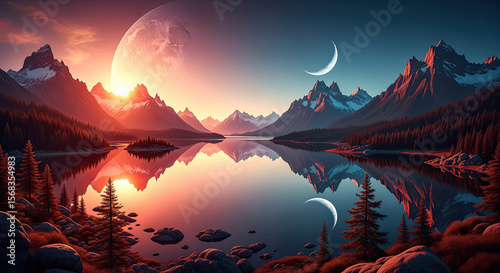 A tranquil mountain lake reflects a vibrant sky as a large moon sets and a crescent moon emerges over distant peaks.