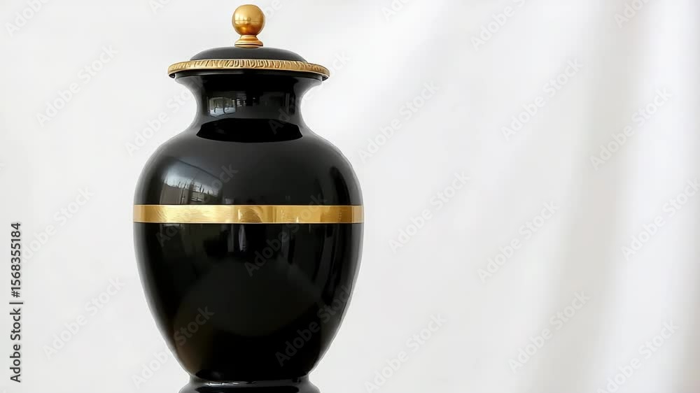 Black urn with golden band.