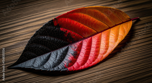 A unique single leaf shows a beautiful color gradient from black to red and orange, resting on a textured wooden background.