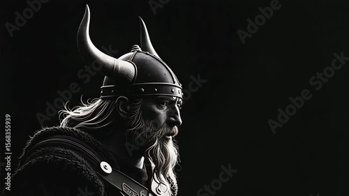 A majestic viking stands in stoic profile, portrayed in a dramatic, black and white portrait.