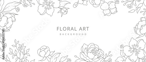 Abstract floral background with minimal flowers and leaves in line art style. Hand drawn botanical elements. Vector illustration for card, banner, print, poster, cover, wedding invitation, packaging