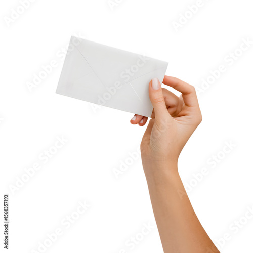 A hand holds a white envelope against a transparent background, ideal for representing communication, letters, or invitations elegantly.