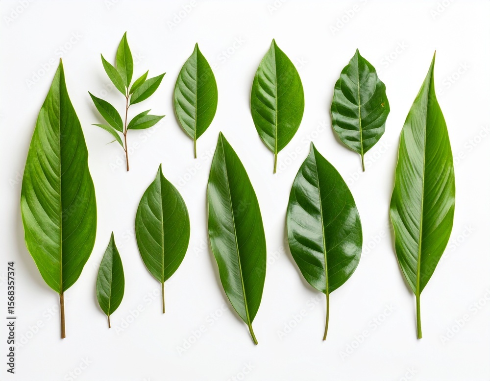 Fototapeta premium Assorted Green Leaf Species – Minimalist Botanical Vector Illustration Highlighting Leaf Diversity and Morphological Detail