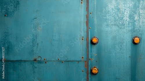 Rustic blue metal wall with yellow bolts, perfect for backgrounds, industrial-themed projects, or creative designs, Its textured surface adds depth and character to any visual composition,
