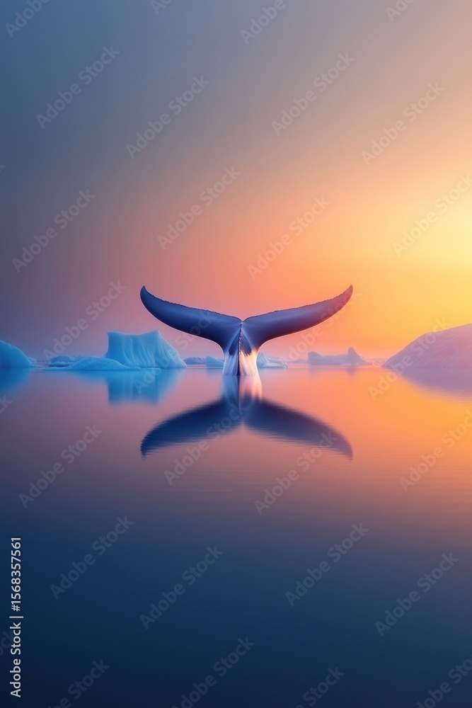 Naklejka premium Whale Tail Emerges in Sunset Reflection